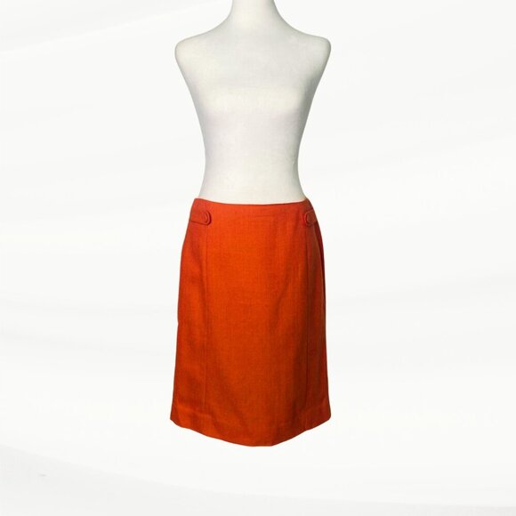 J. Crew Burnt Orange, Herringbone, Midi, Wool Skirt w/ Decorative Buttons, Sz 4 - Picture 2 of 11